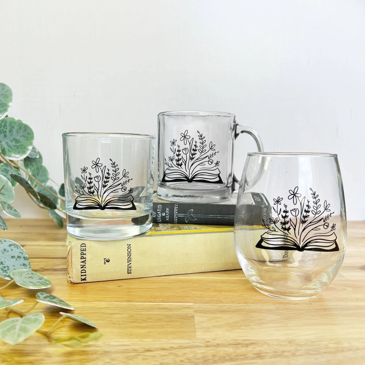 Botanical Library Bookish Floral 15oz Artist Designed Stemless Wine Glass Fly Paper Products
