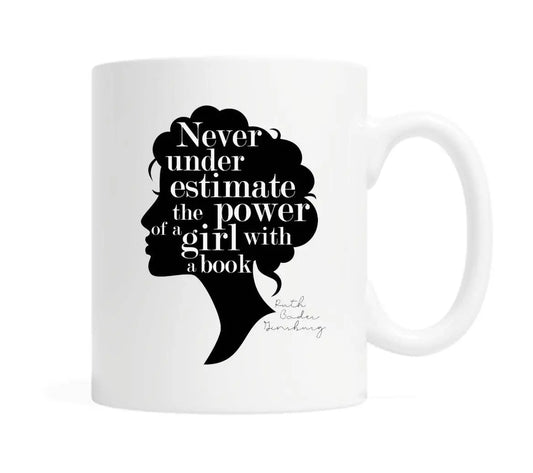 The Power of a Girl With a Book Mug - Quote by RBG Ginsburg Fly Paper Products