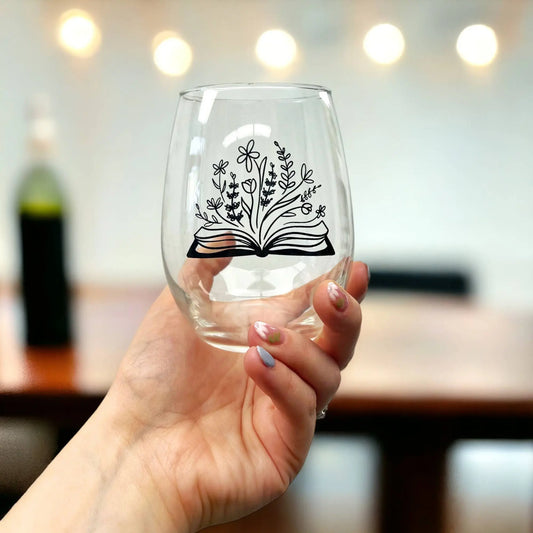 Botanical Library Bookish Floral 15oz Artist Designed Stemless Wine Glass Fly Paper Products